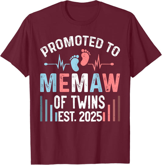 Promoted To Memaw Of Twins Est 2025 Twin Baby Shower T-Shirt - T-Shirt | Maroon