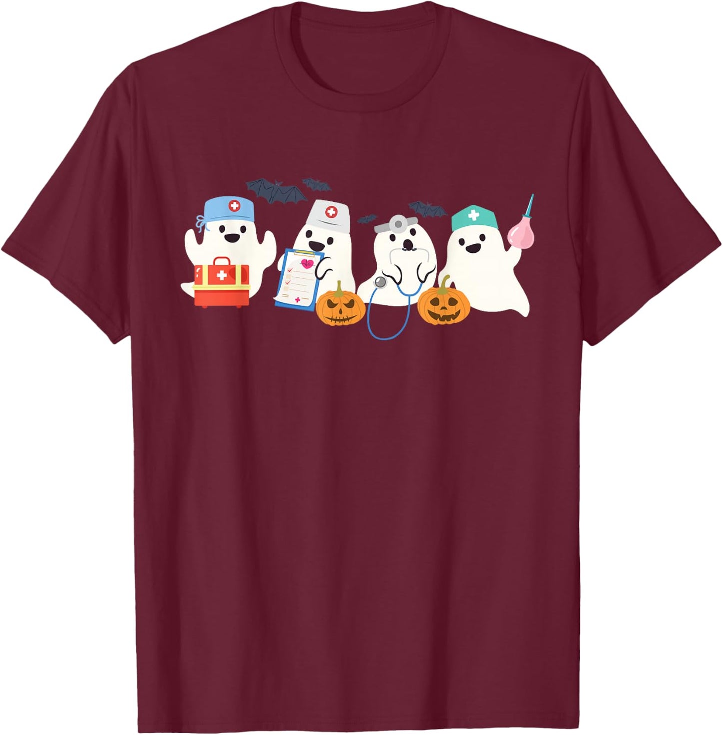 Cute Ghost Nurse Halloween Medical Boo Doctor Scary Hospital T-Shirt - T-Shirt | Maroon