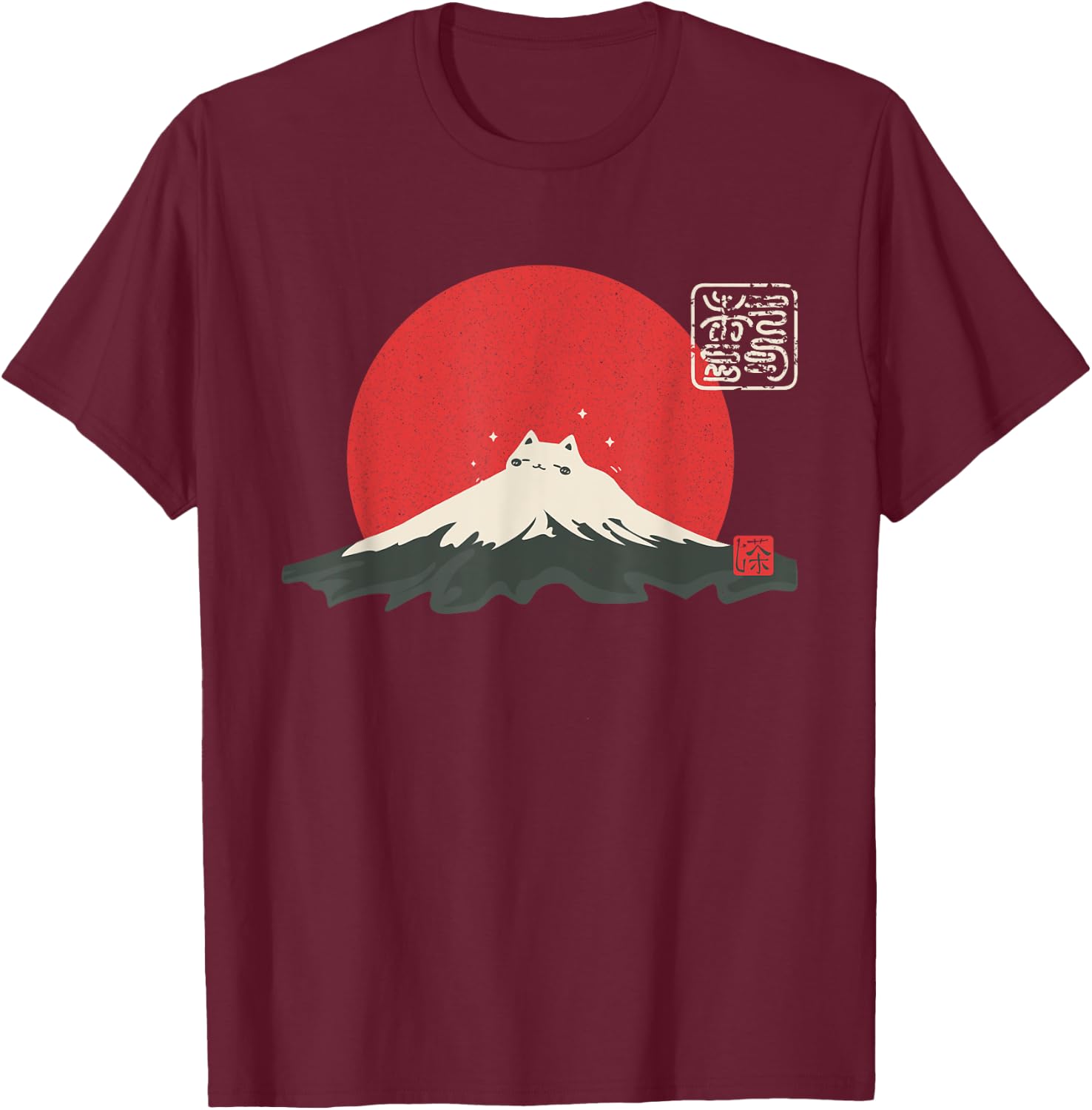Vintage Japanese Cat Kawaii Anime Mountain Fuji T-Shirt - T-Shirt | Maroon