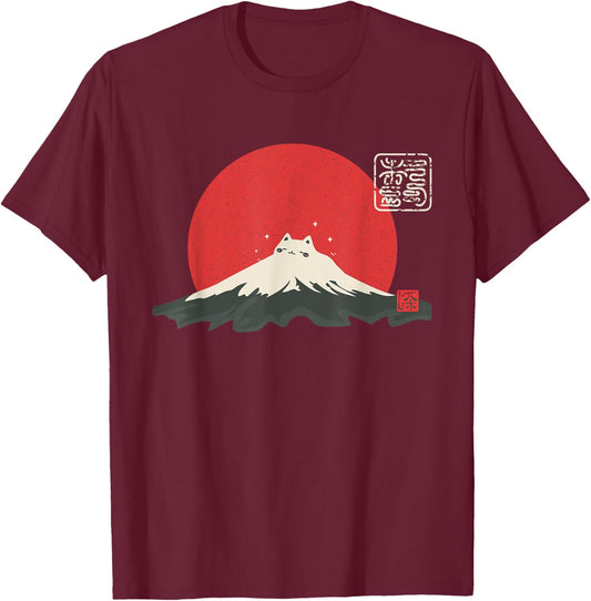 Vintage Japanese Cat Kawaii Anime Mountain Fuji T-Shirt - T-Shirt | Maroon