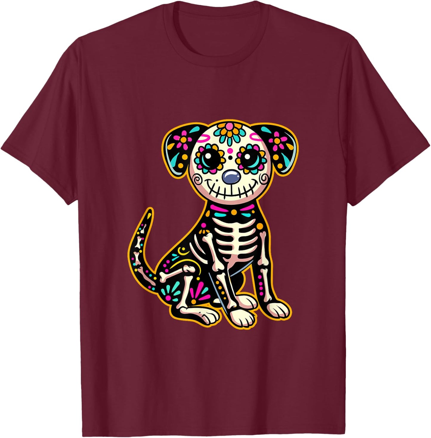 Dia de Los Muertos Skeleton Sugar Skull Dog Day of The Dead T-Shirt - T-Shirt | Maroon