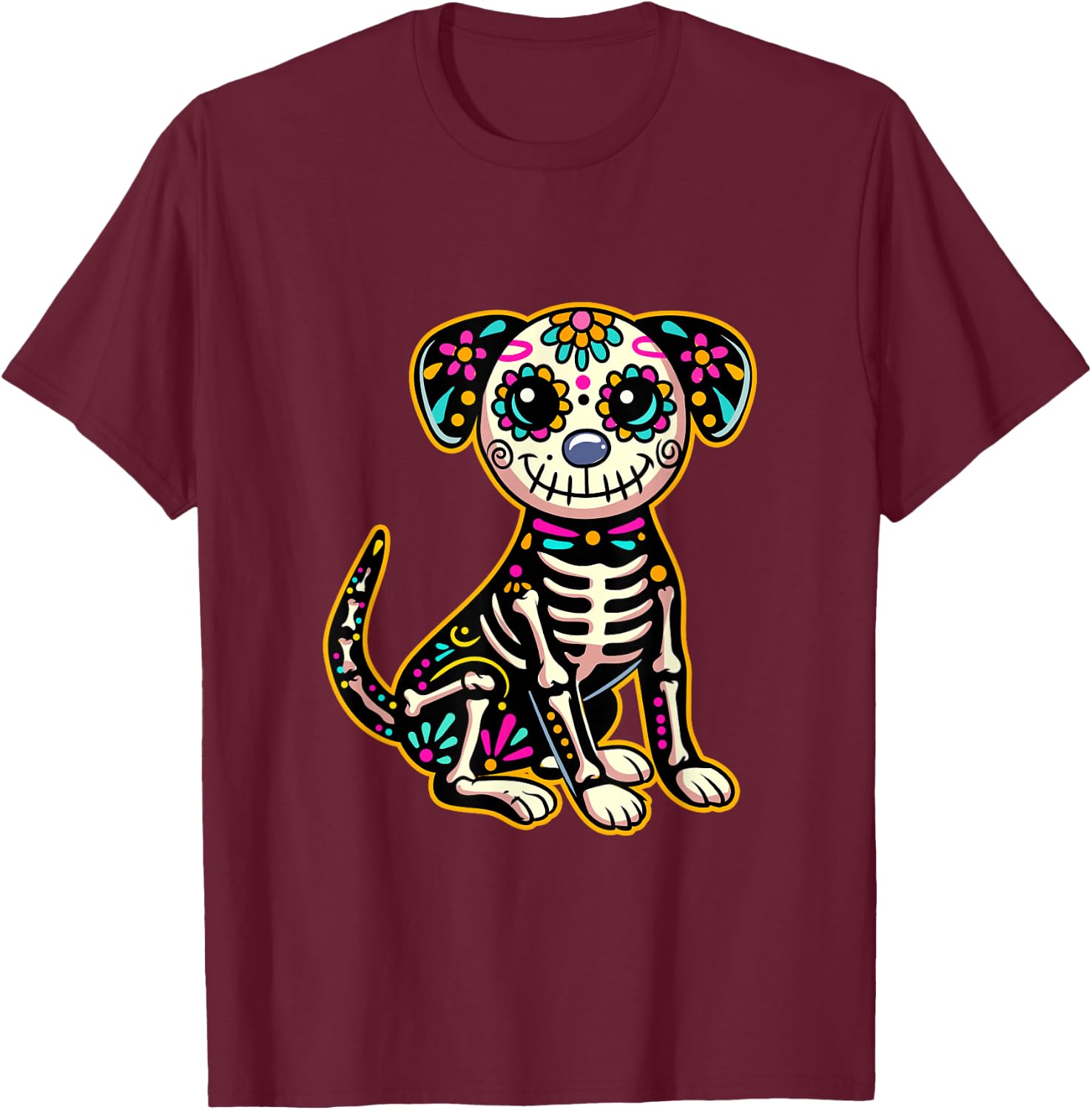 Dia de Los Muertos Skeleton Sugar Skull Dog Day of The Dead T-Shirt - T-Shirt | Maroon