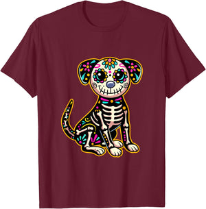 Dia de Los Muertos Skeleton Sugar Skull Dog Day of The Dead T-Shirt - T-Shirt | Maroon