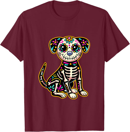Dia de Los Muertos Skeleton Sugar Skull Dog Day of The Dead T-Shirt - T-Shirt | Maroon