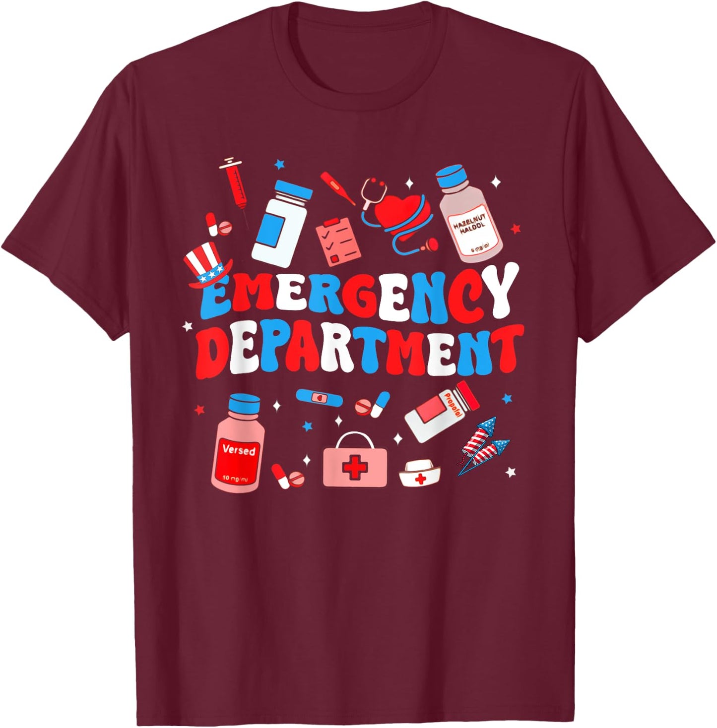 Emergency Department ER Nurse USA Flag Patriotic 4th Of July T-Shirt - T-Shirt | Maroon