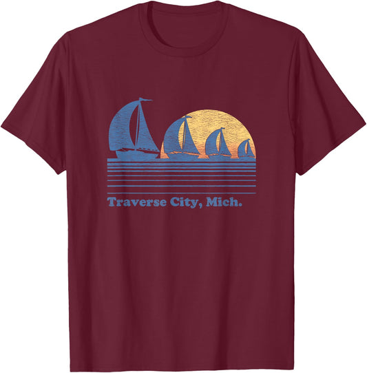Traverse City MI Sailboat Vintage 80s Sunset T-Shirt - T-Shirt | Maroon