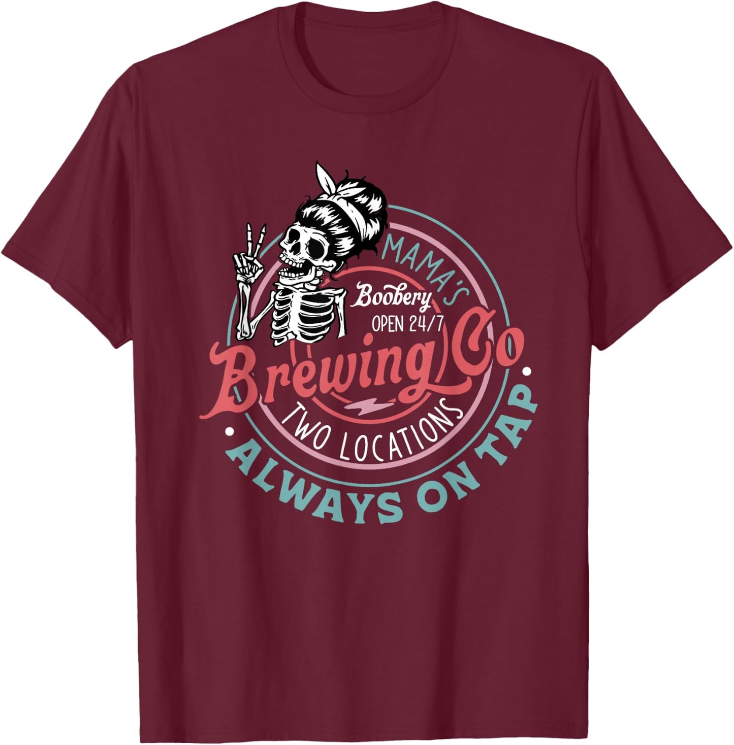 Retro Mama's Boobery Brewing Co Funny Breastfeeding Skeleton T-Shirt - T-Shirt | Maroon