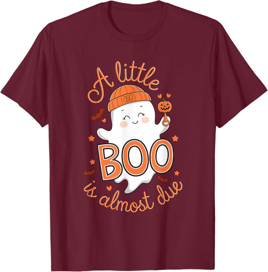 Little Boo Is Almost Due Cute Halloween Pregnancy Reveal T-Shirt - T-Shirt | Maroon