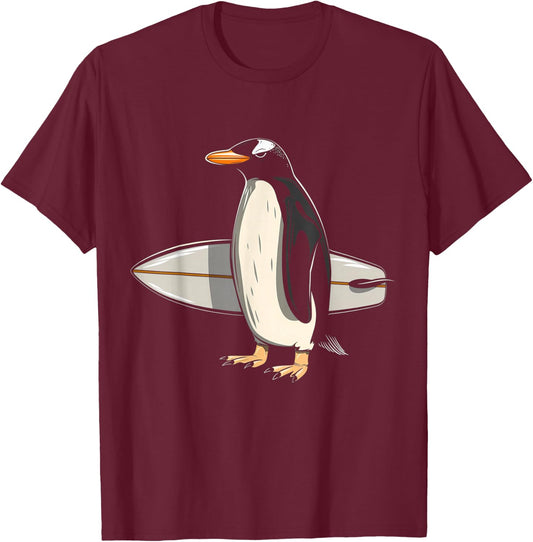 Surfer Penguin Surf Board Surfing Funny Cute Surf T-Shirt - T-Shirt | Maroon