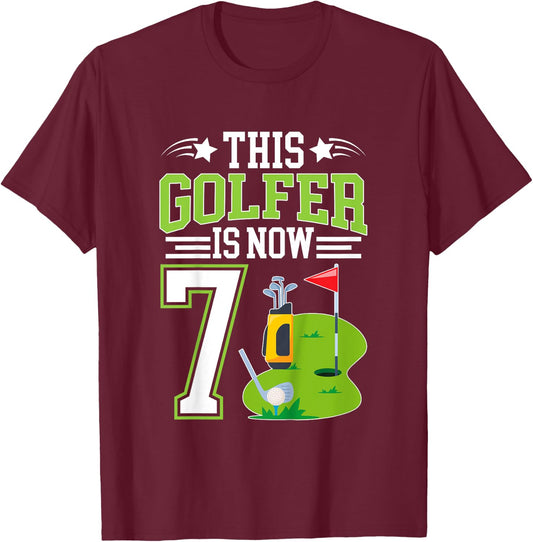 Kids 7th Birthday Party Golf Boy Seven Year Old Golf Player T-Shirt - T-Shirt | Maroon