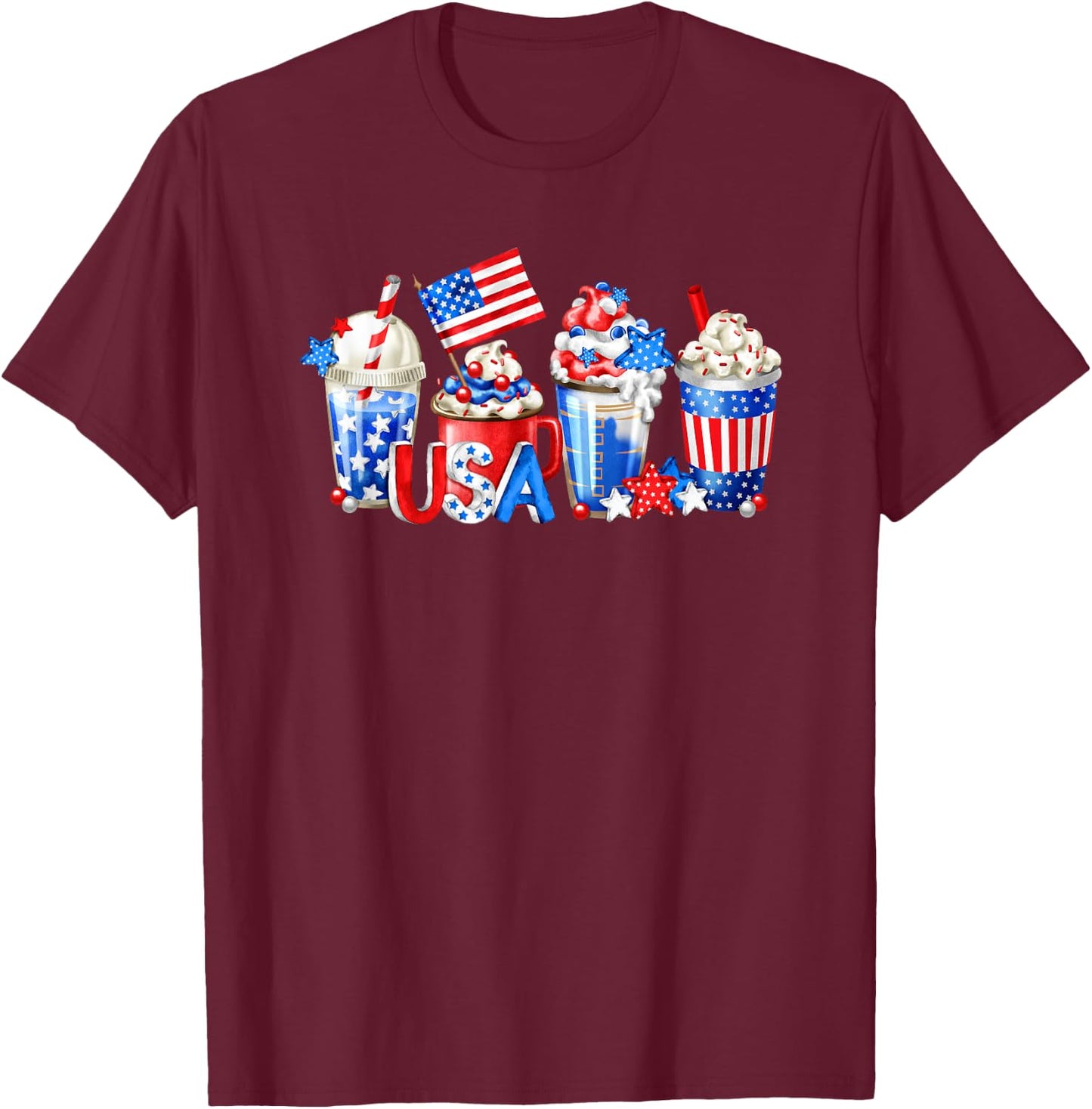 4th Of July Latte Mug For Patriotic Women White Red And Blue T-Shirt - T-Shirt | Maroon