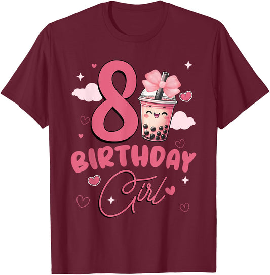 Happy 8th Birthday Girl Cute Pink Bow Bubble Boba Tea Anime T-Shirt - T-Shirt | Maroon
