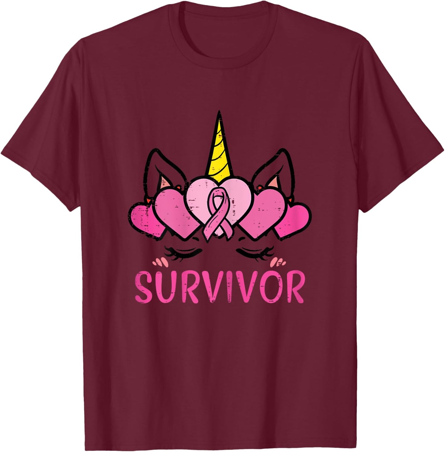 Unicorn Facee Survivor Cute Breast Cancer Awareness Women T-Shirt - T-Shirt | Maroon
