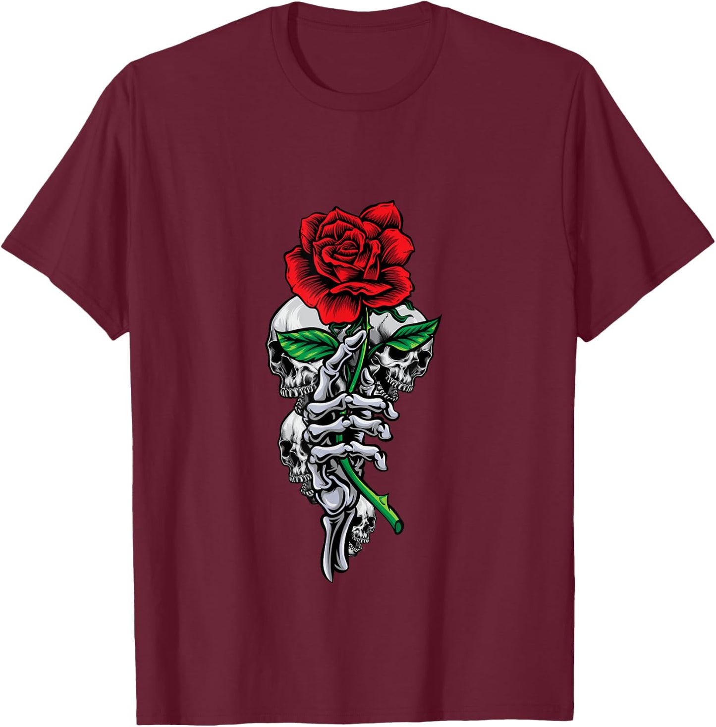 Skeleton Hand Red And Beautiful Rose Flower And Skulls Art T-Shirt - T-Shirt | Maroon