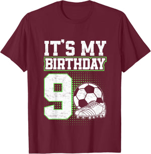 Kids 9 Year Old Soccer Boy Its My 9th Birthday Soccer Ball T-Shirt - T-Shirt | Maroon