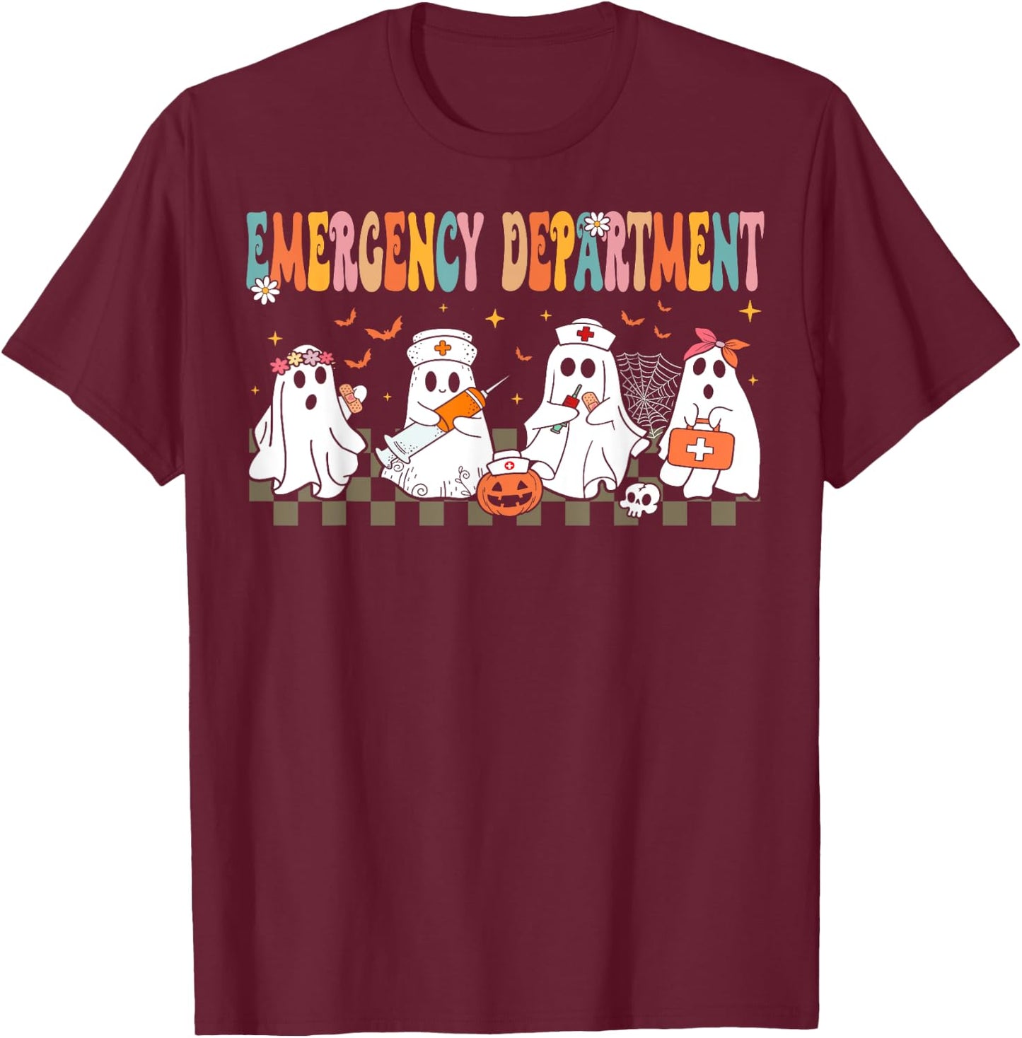 Cute Emergency Department Funny ER Nurse Halloween T-Shirt - T-Shirt | Maroon