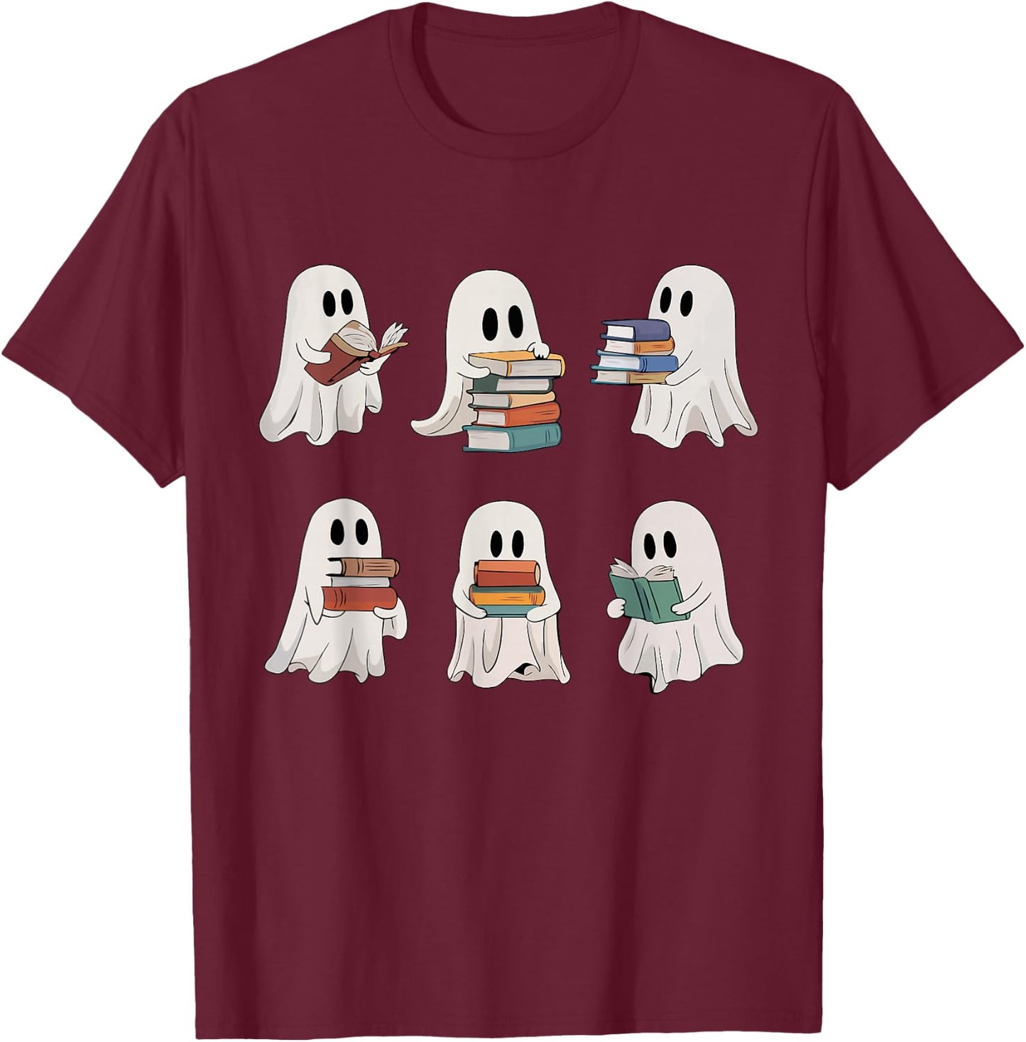 Ghost Reading Books Teacher Halloween Librarian Cute Boook T-Shirt - T-Shirt | Maroon