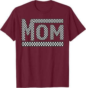 MOM Checkered Mother Mama Women Racing Pit Crew Funny T-Shirt - T-Shirt | Maroon