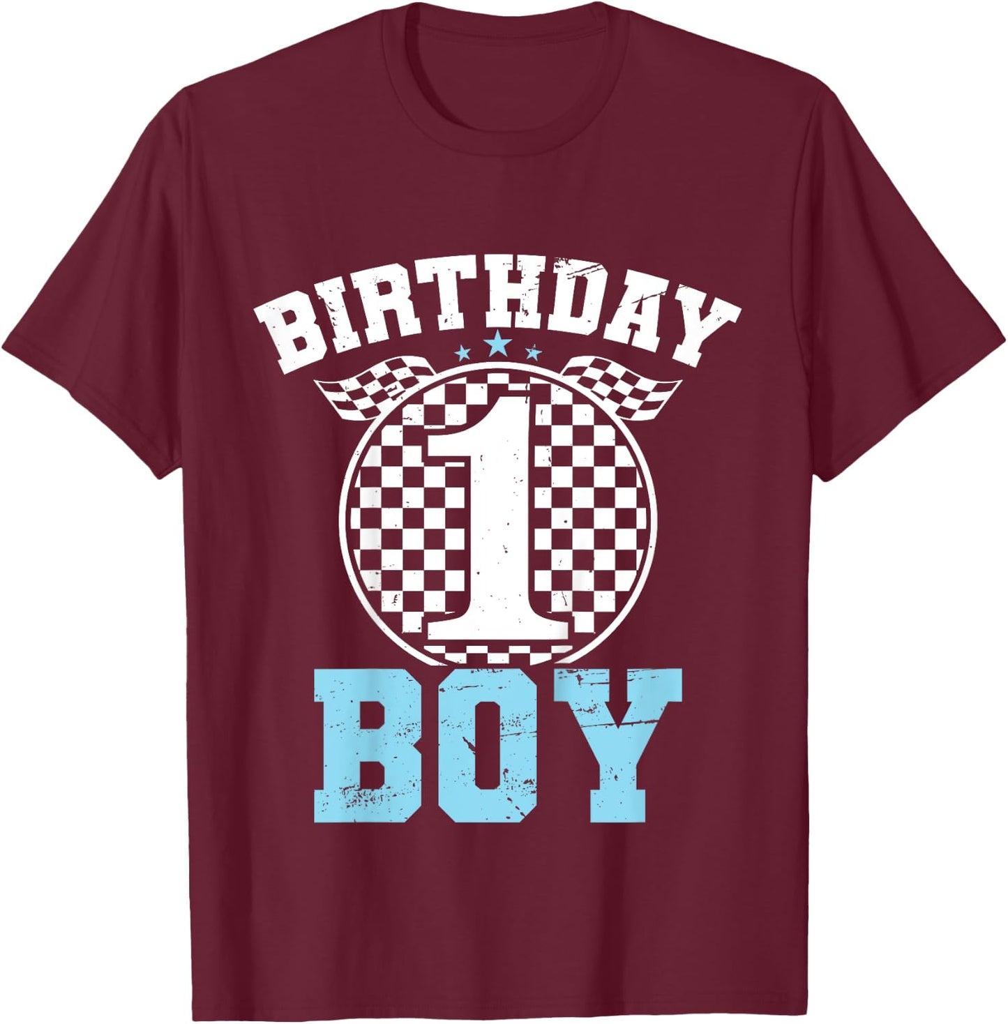 Kids 1st Birthday Boy 1 One Race Car 1st Birthday Racing Car Flag T-Shirt - T-Shirt | Maroon