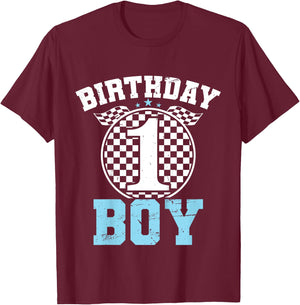 Kids 1st Birthday Boy 1 One Race Car 1st Birthday Racing Car Flag T-Shirt - T-Shirt | Maroon