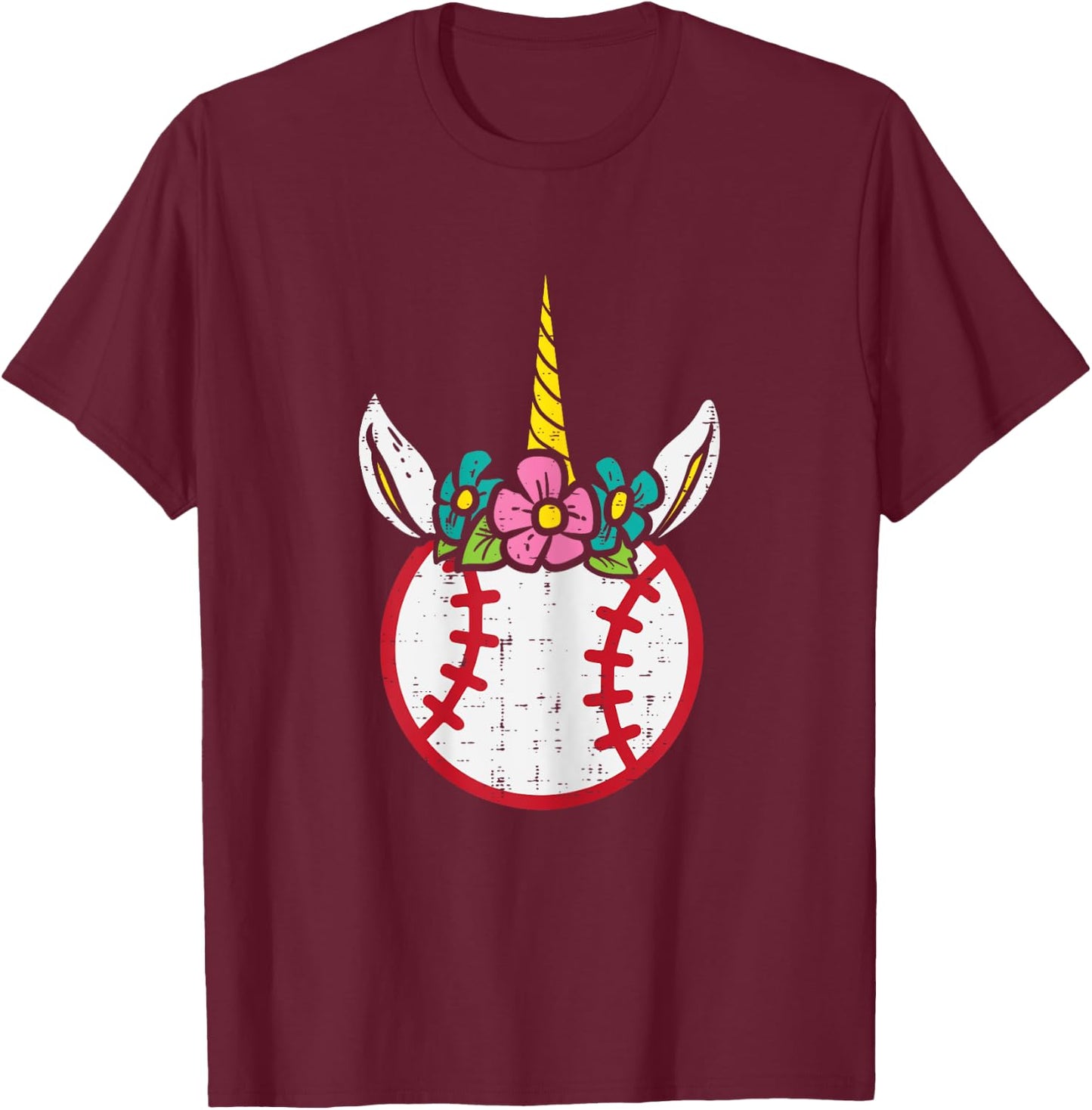 Unicorn Head Baseball Cute Sport Lovers Kids Girls Women T-Shirt - T-Shirt | Maroon