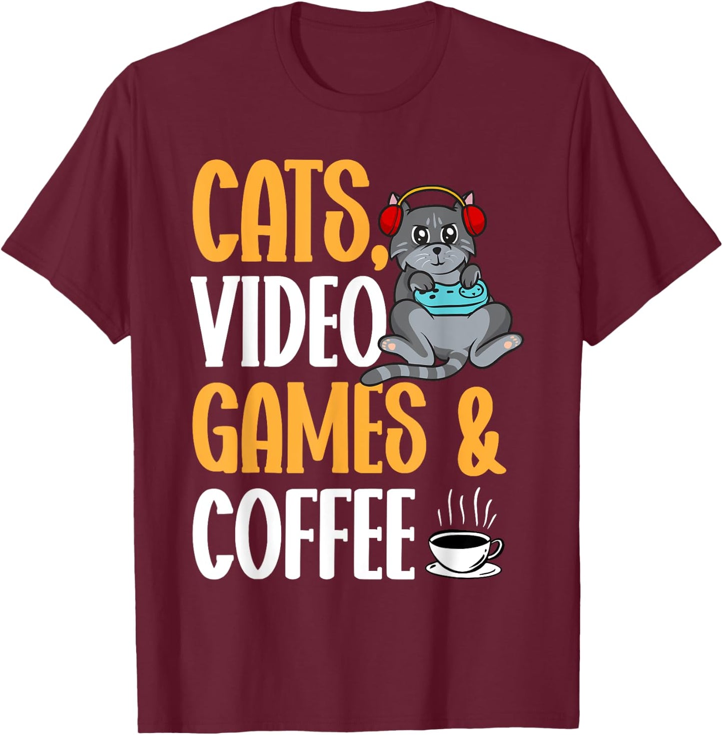 Cats Video Games Coffee Video Gamer Cat Gaming Women T-Shirt - T-Shirt | Maroon