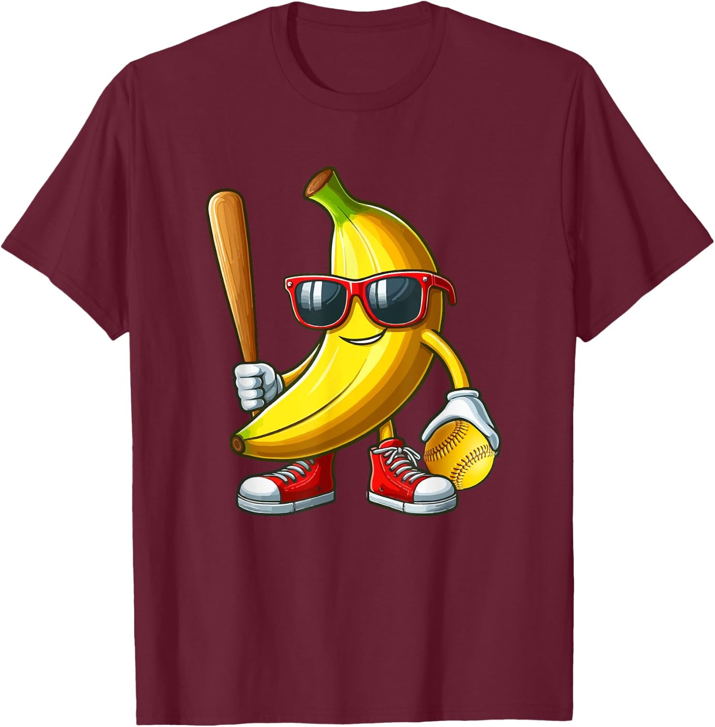 Banana Sunglasses Playing Softball Funny Fruit Sport Player T-Shirt - T-Shirt | Maroon