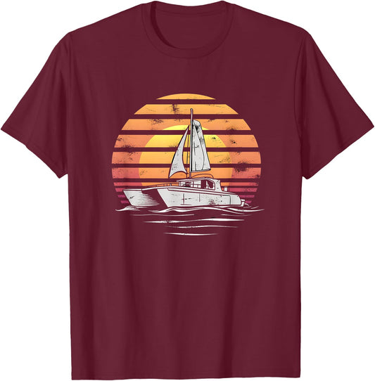 Catamaran Sunset Cat Lover Beach Sea Sail Boat T-Shirt - T-Shirt | Maroon