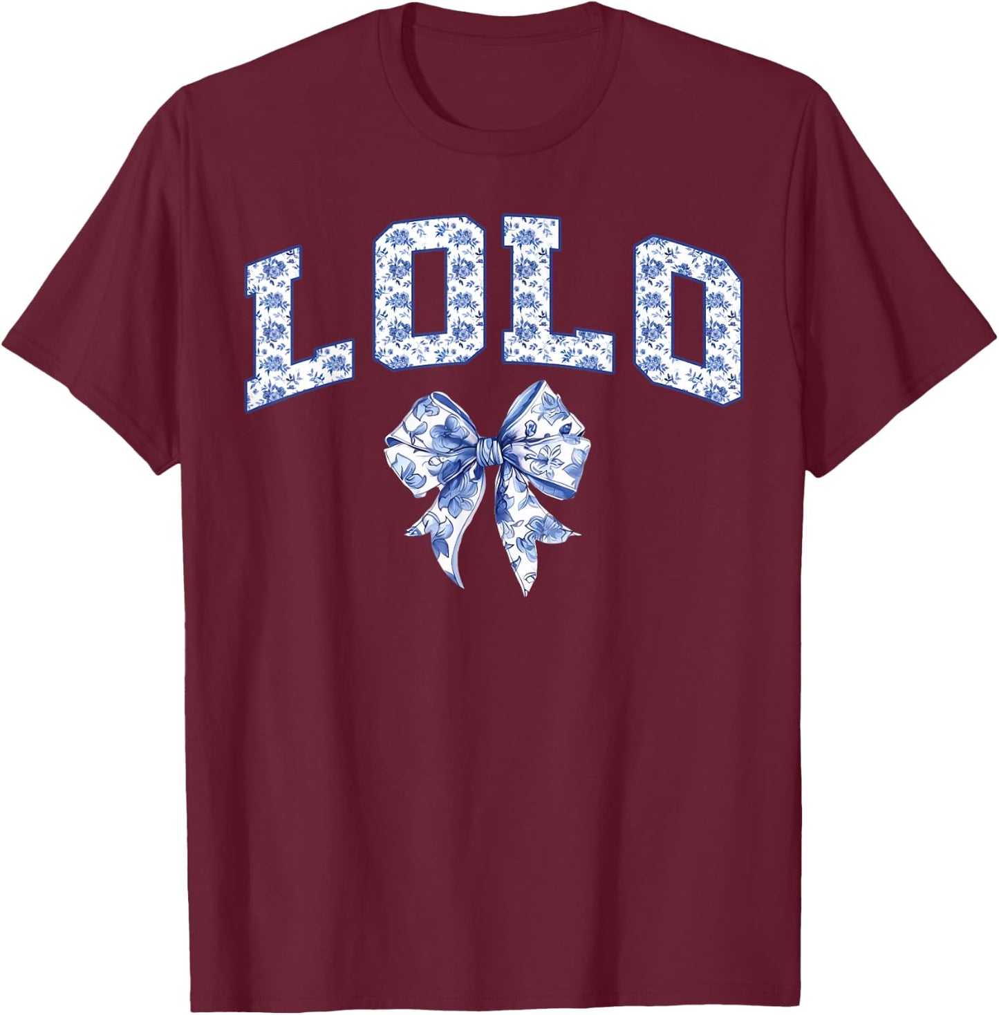 Lolo Coquette Toile Blue Bow Floral Family Matching T-Shirt - T-Shirt | Maroon