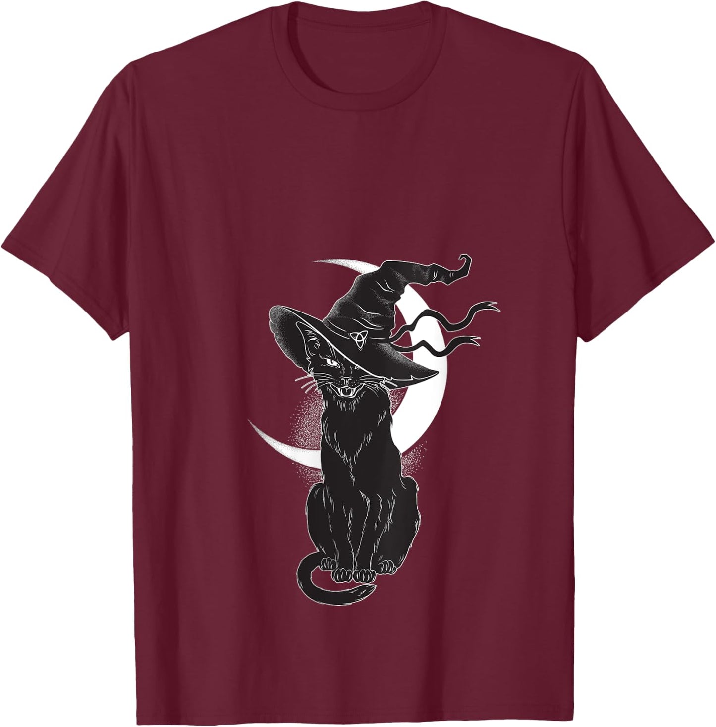 Vintage Scary Halloween Black Cat Costume Witch Hat & Moon V-Neck T-Shirt - T-Shirt | Maroon