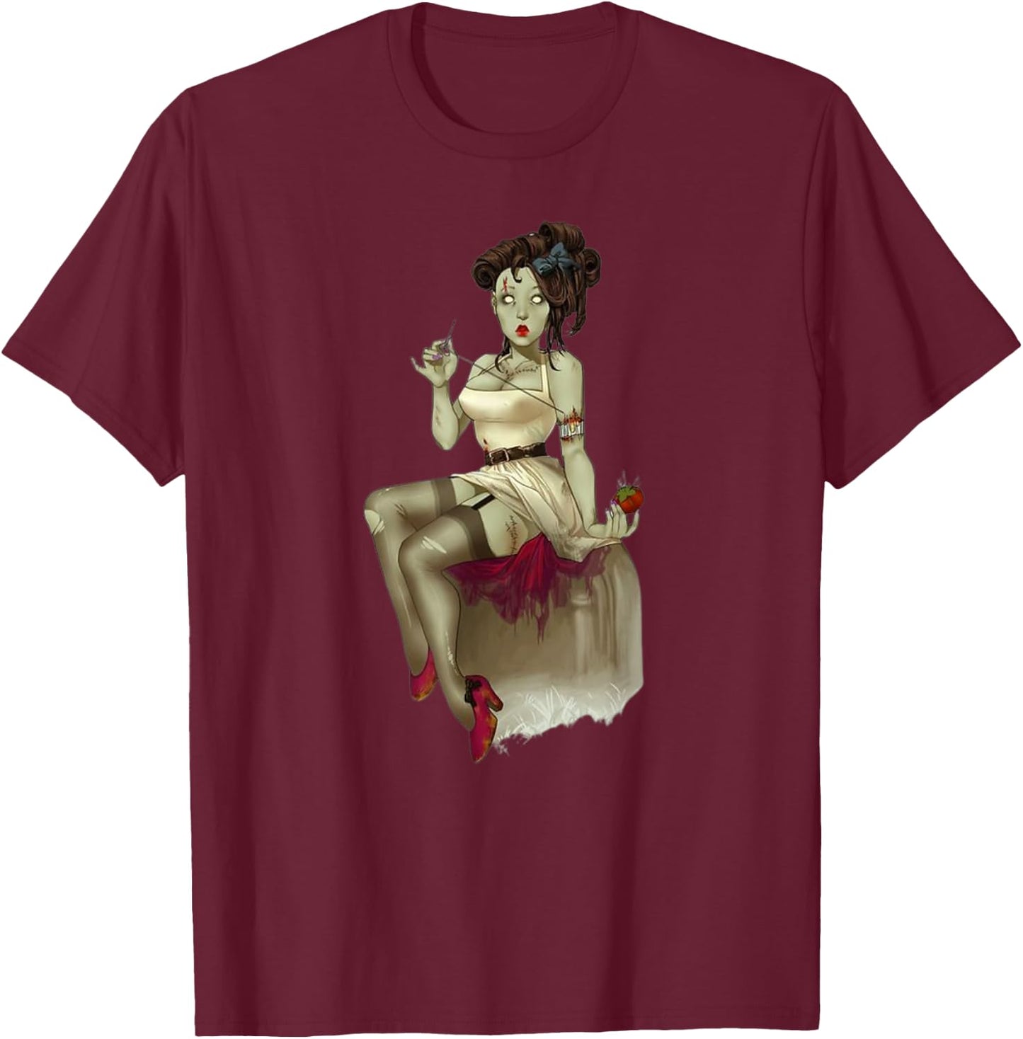 Zombie Pin Up Girl Halloween Graphic T-Shirt - T-Shirt | Maroon
