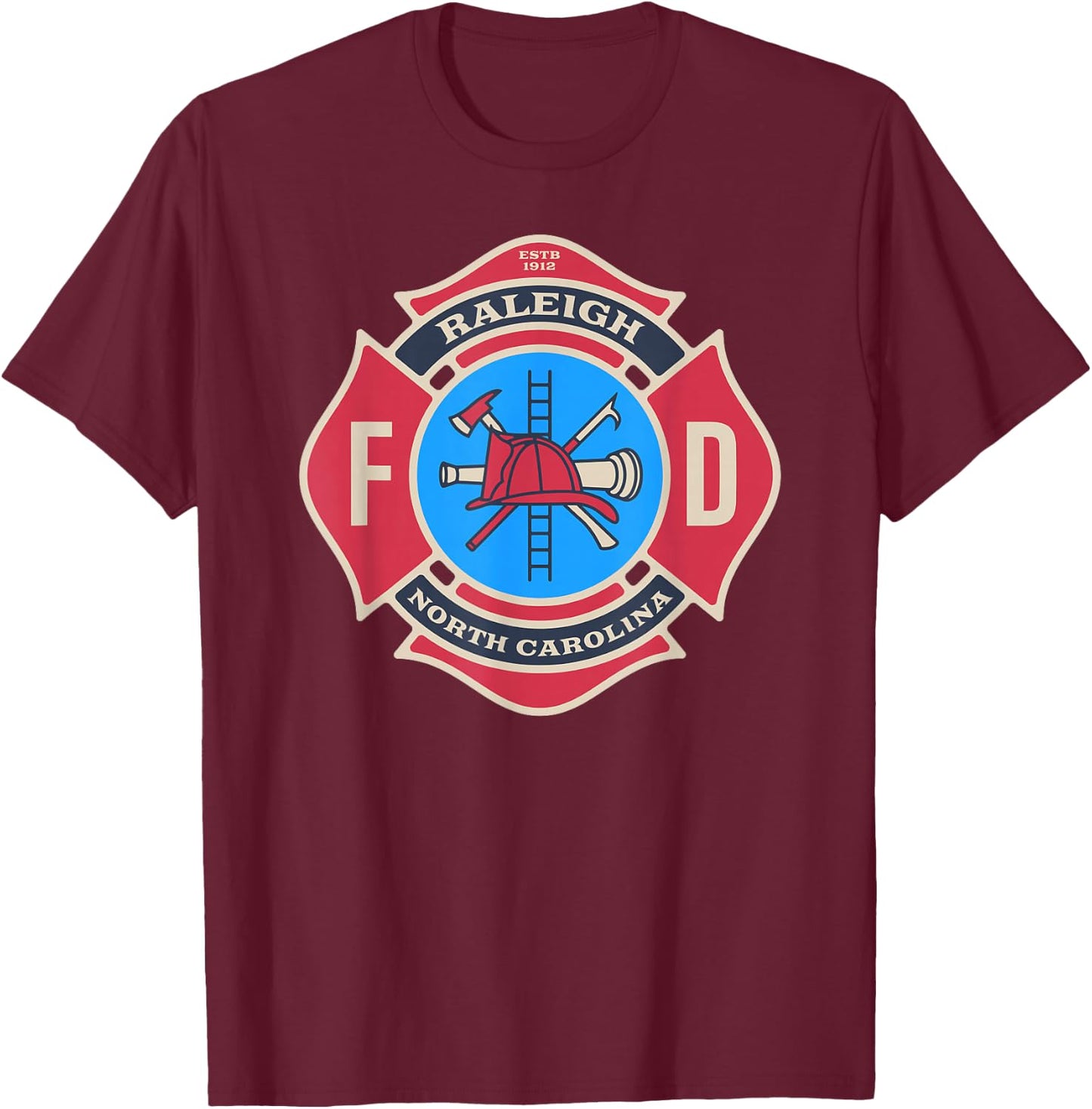 Raleigh, NC Bravery Badge Firefighter's Pride Emblem T-Shirt - T-Shirt | Maroon