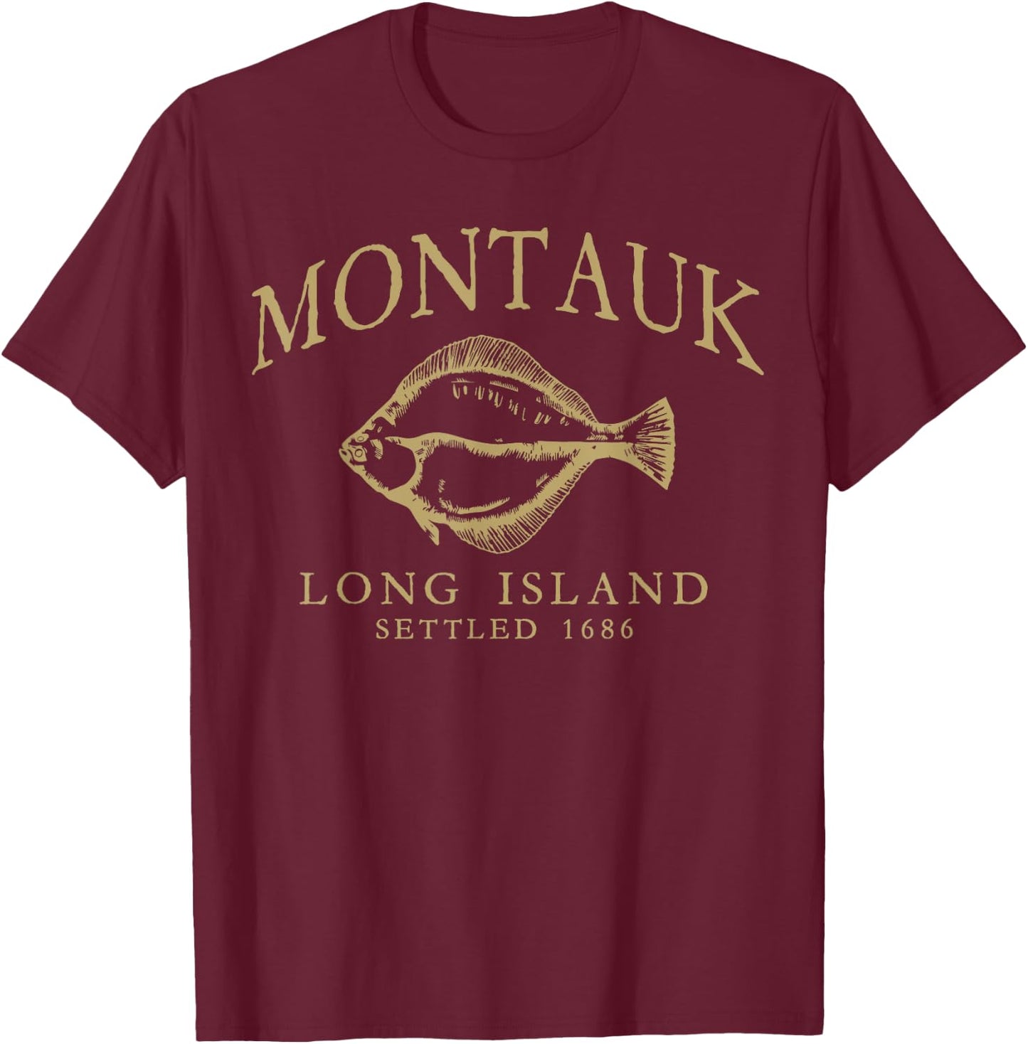 Montauk Long Island Settled 1686 Fluke Flounder Fishing Tan T-Shirt - T-Shirt | Maroon