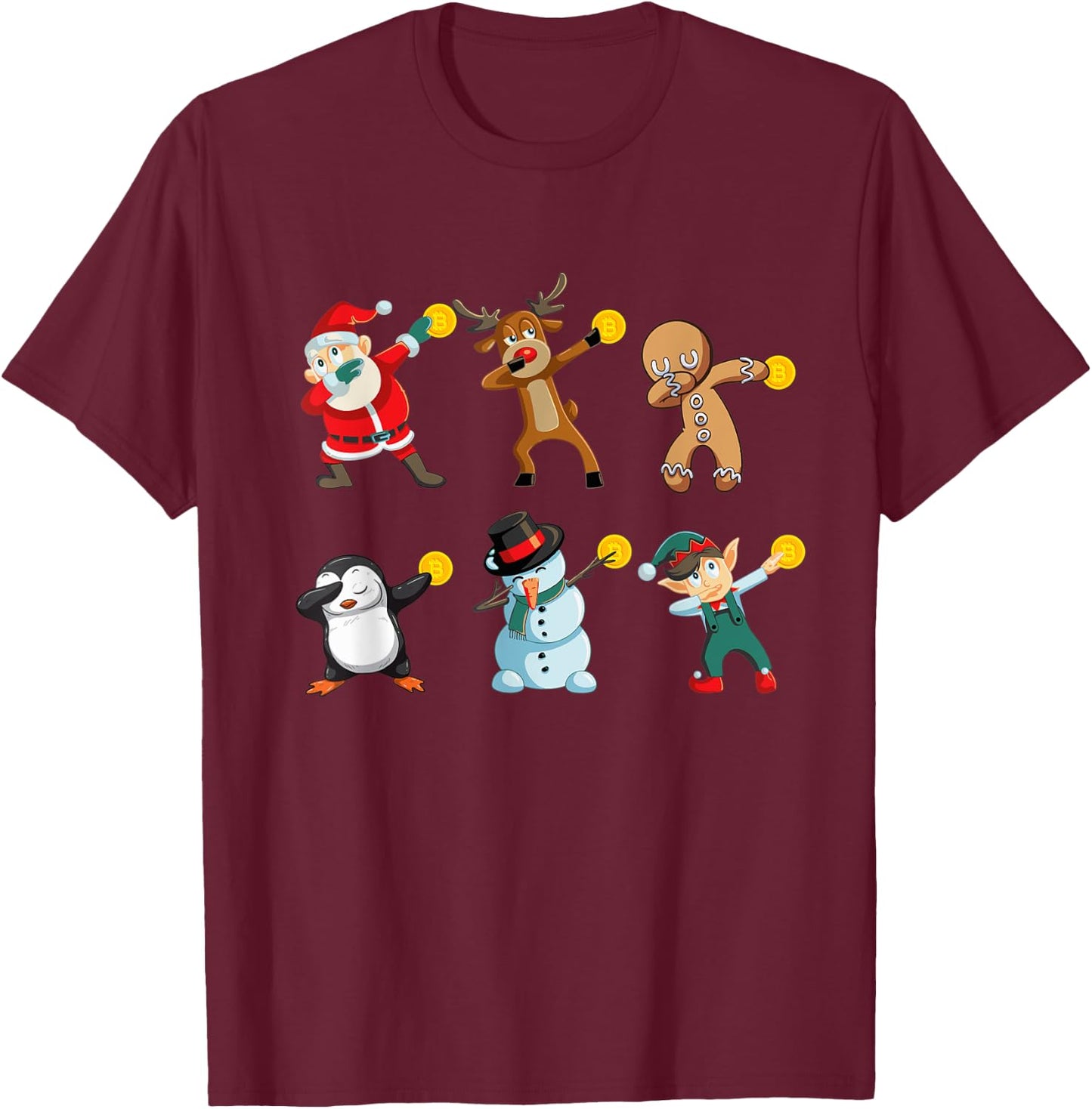 Santa Elf Snowman Reindeer Dabbing Holding Bitcoin T-Shirt - T-Shirt | Maroon