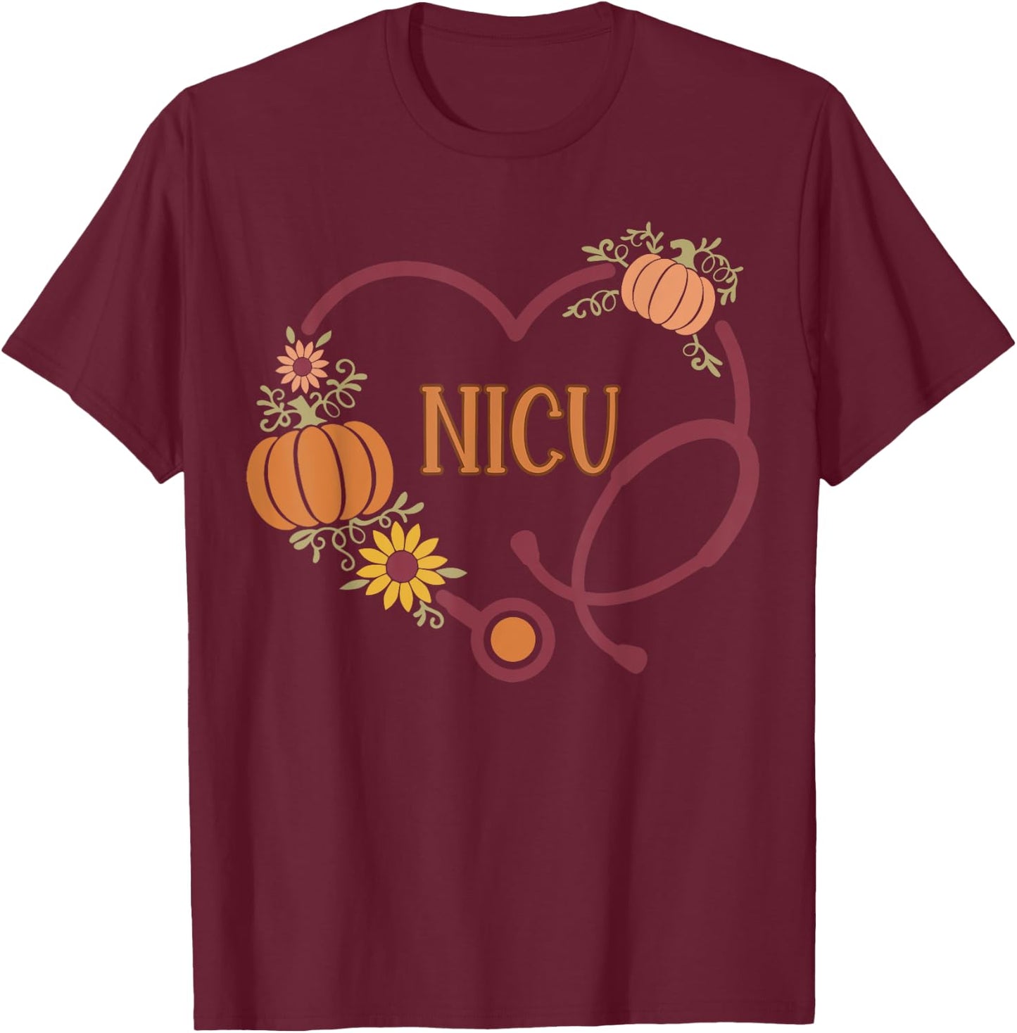 Retro NICU Nurse Stethoscope Heart Pumpkin Fall Thanksgiving T-Shirt - T-Shirt | Maroon