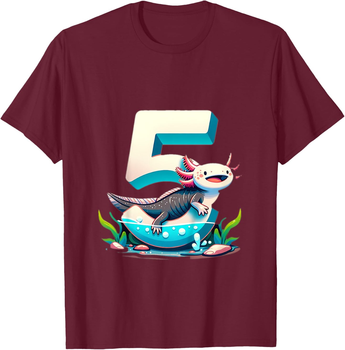 Turning 5 Years Old Axolotl Birthday Party 5th Boy Bday Girl T-Shirt - T-Shirt | Maroon