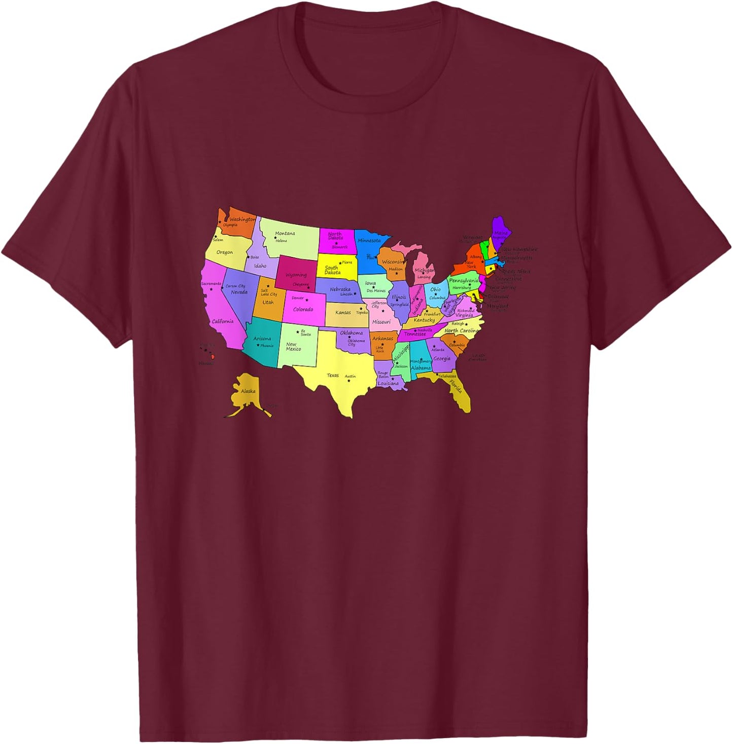 States & Capitals Colorful USA Map School Geography T-Shirt - T-Shirt | Maroon