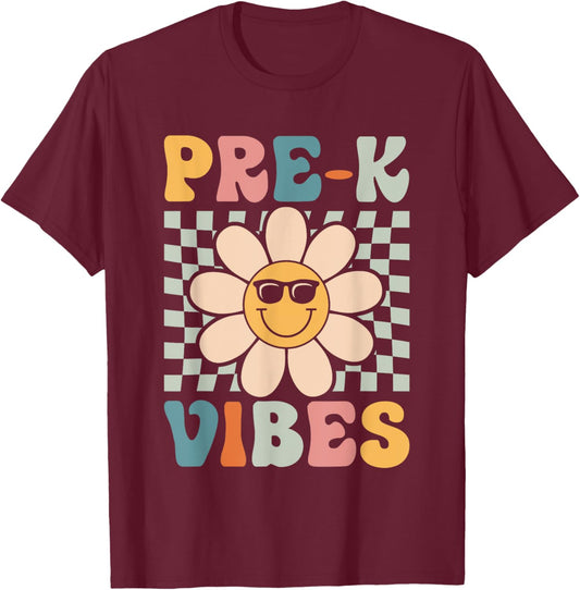 Pre-K Vibes - Pre Kindergarten Team Retro 1st Day of School T-Shirt - T-Shirt | Maroon