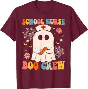Groovy School Nurse Boo Crew Nurse Funny Ghost Halloween T-Shirt - T-Shirt | Maroon