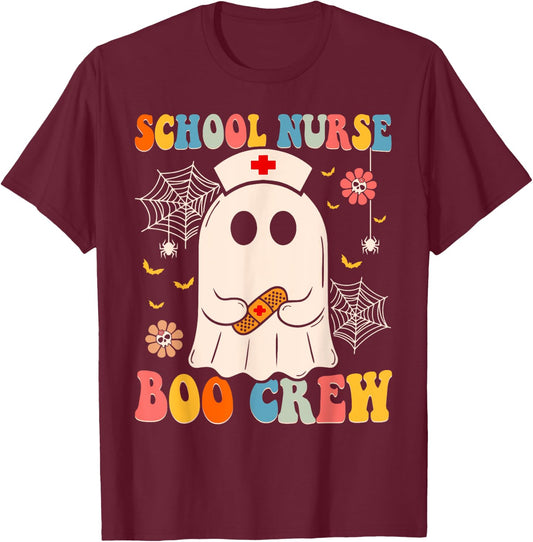 Groovy School Nurse Boo Crew Nurse Funny Ghost Halloween T-Shirt - T-Shirt | Maroon