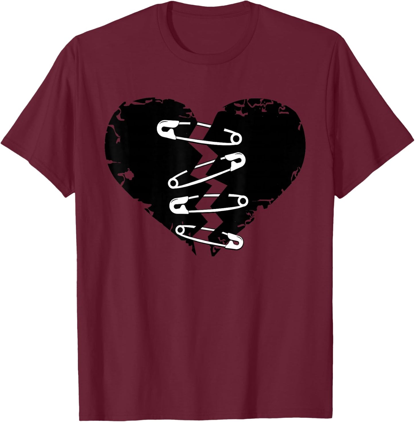 Dark Broken Heart and Safety Pins for T-Shirt - T-Shirt | Maroon