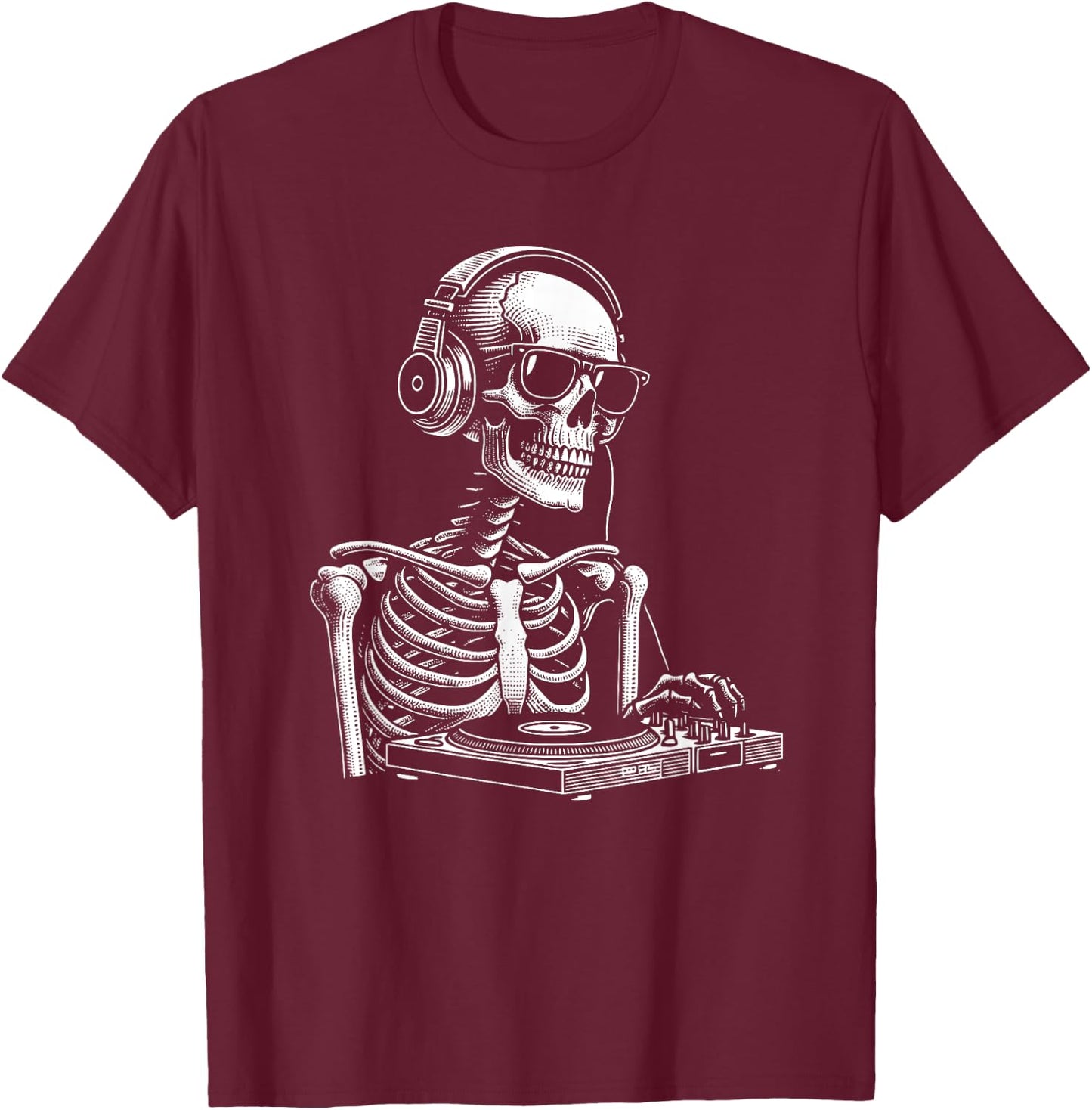 Skeleton DJ Lazy Halloween Costume Headphones Disc Jockey T-Shirt - T-Shirt | Maroon