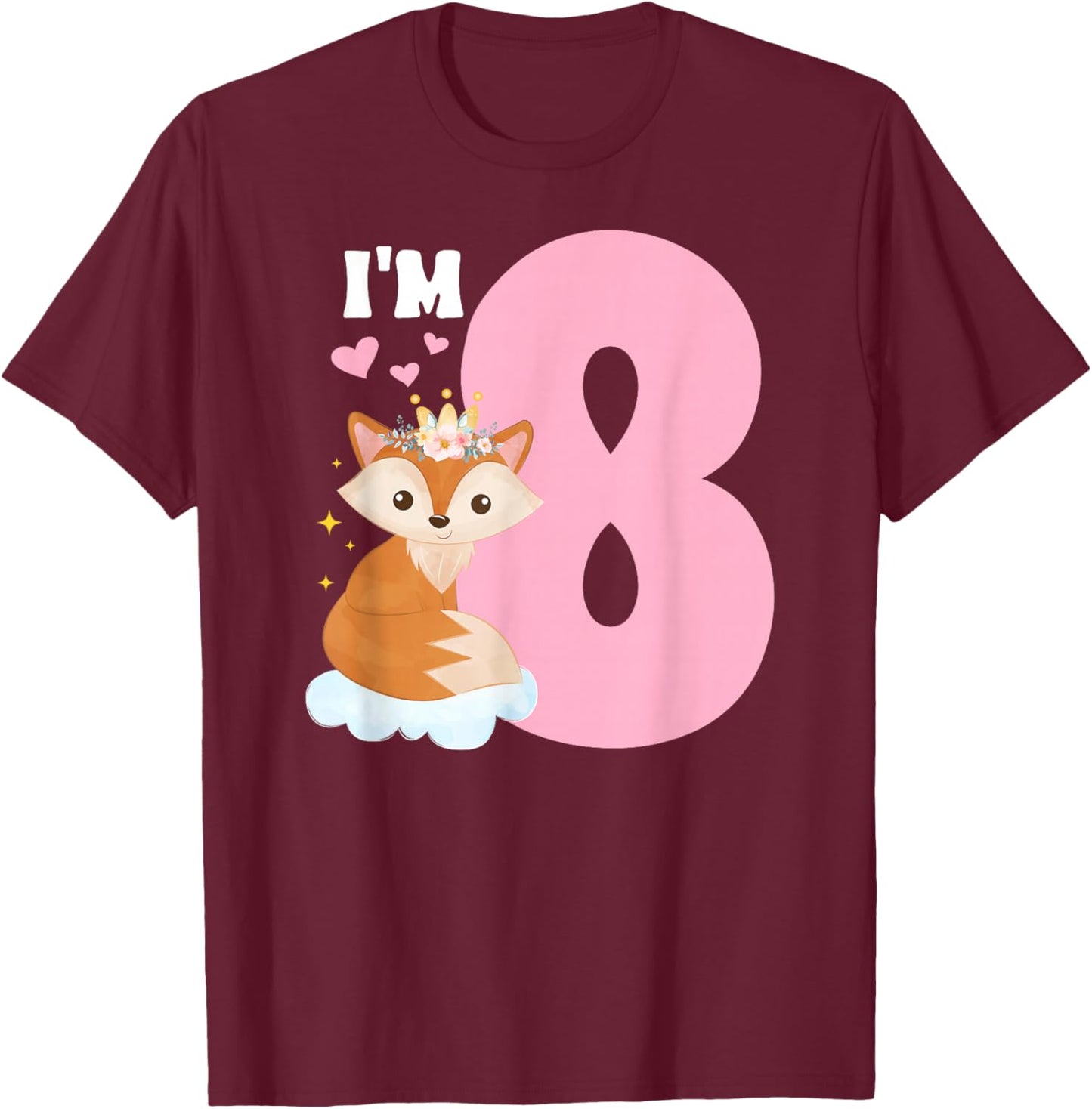 8th Fox Birthday Party 8 Year Old Girl Foxes Birthday Fox T-Shirt - T-Shirt | Maroon