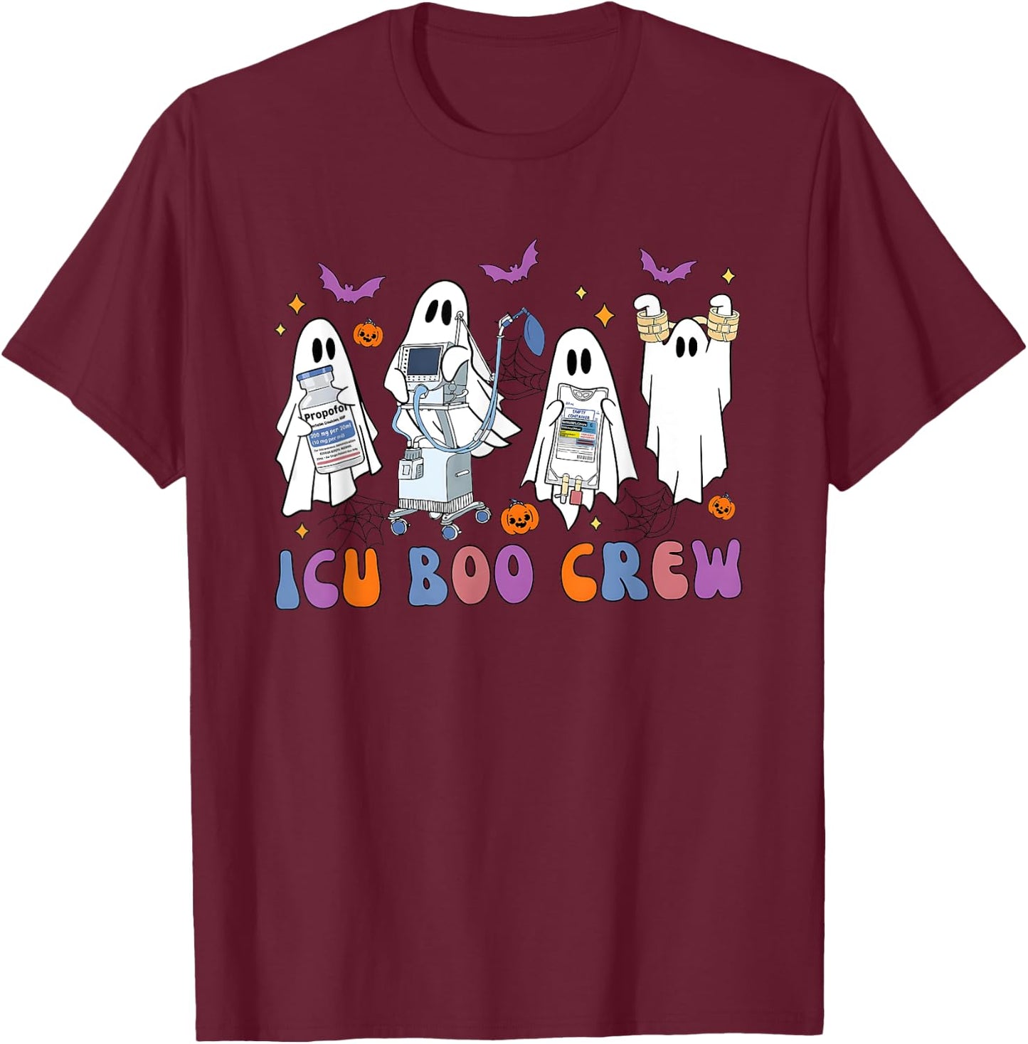 Halloween Icu Nurse Retro Icu Boo Crew Boo Ghosts Cropped T-Shirt - T-Shirt | Maroon