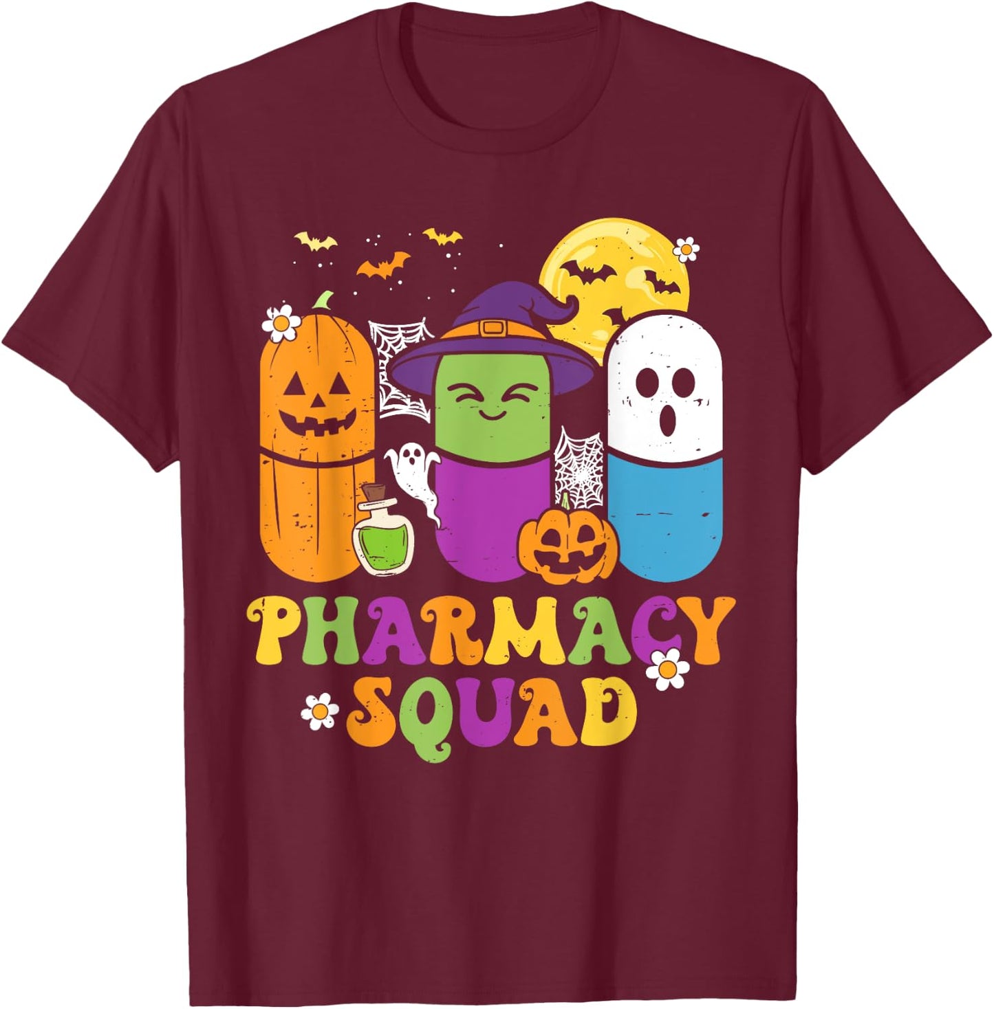 Groovy Halloween Pharmacy Squad PIlls Costume Pharmacist T-Shirt - T-Shirt | Maroon