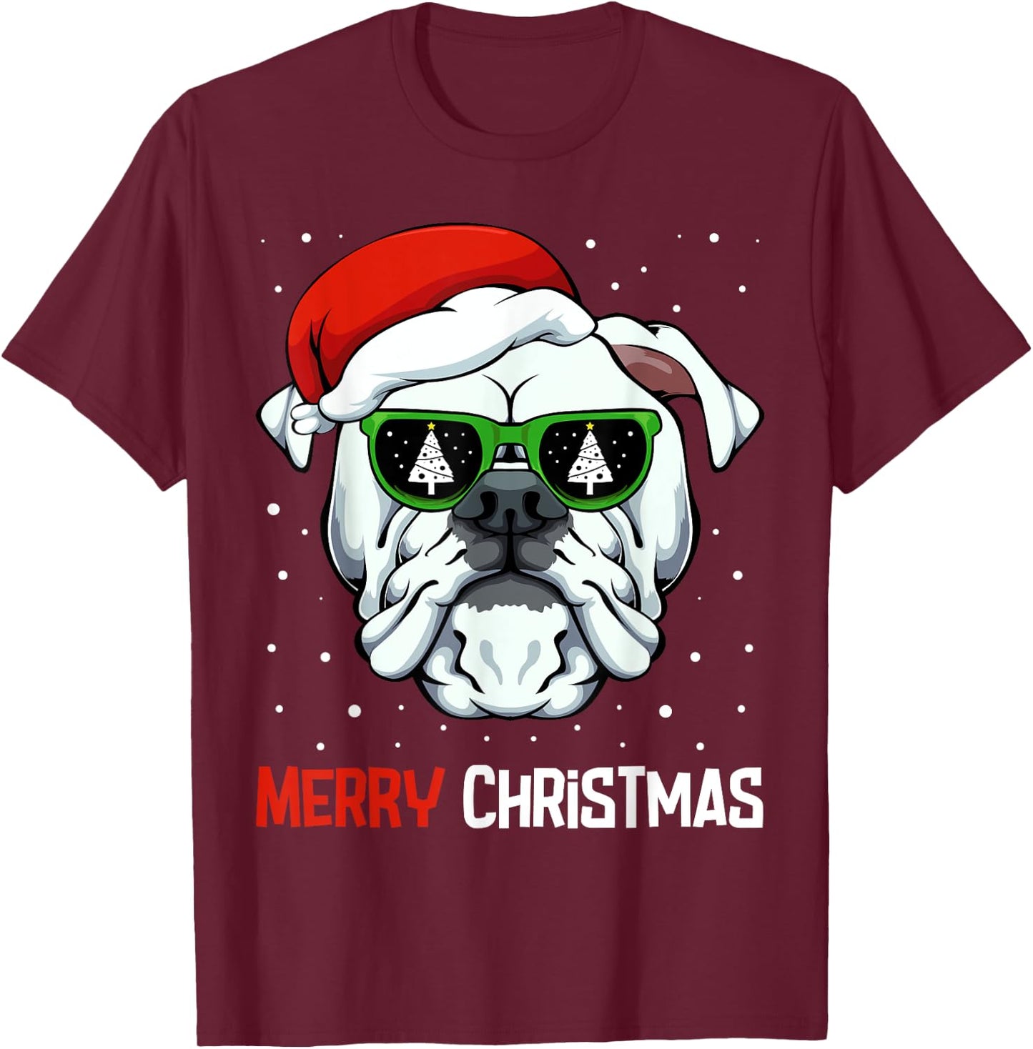 English Bulldog Merry Christmas Pajama Cute Dog Santa Hat T-Shirt - T-Shirt | Maroon