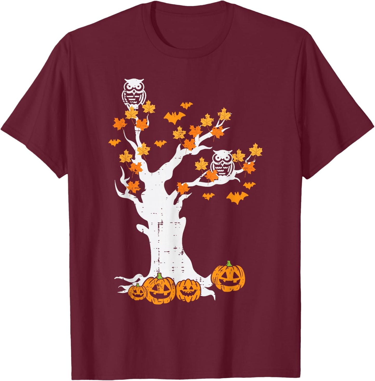 Halloween Tree Owl Leaves Pumpkin Fall Costume Women Kid Men T-Shirt - T-Shirt | Maroon