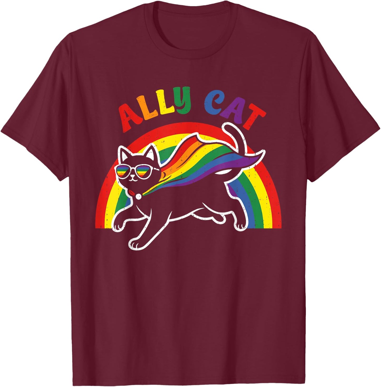 Cat Gay Pride Ally Rainbow Sunglasses LGBTQ Men Women Kids T-Shirt - T-Shirt | Maroon