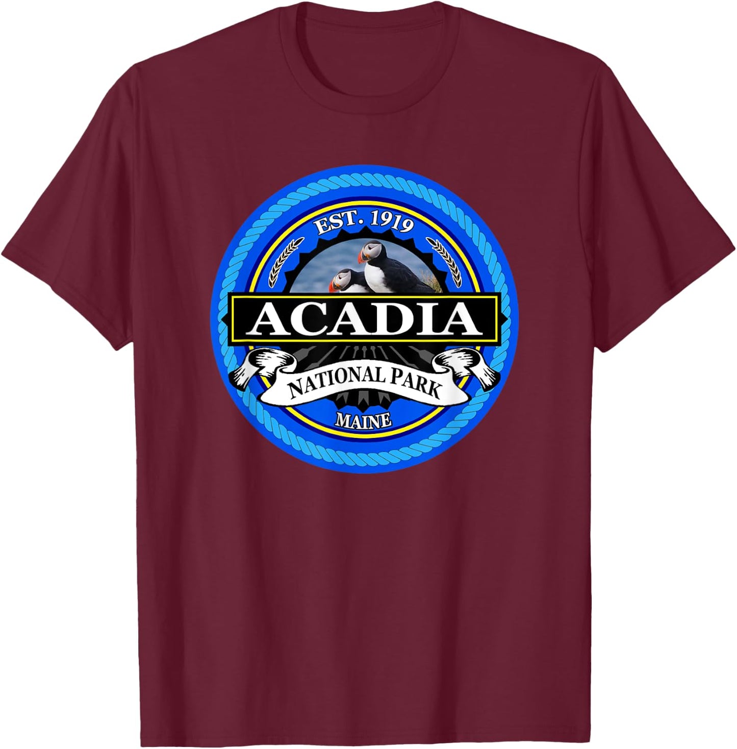 Acadia National Parks Puffins T-Shirt - T-Shirt | Maroon