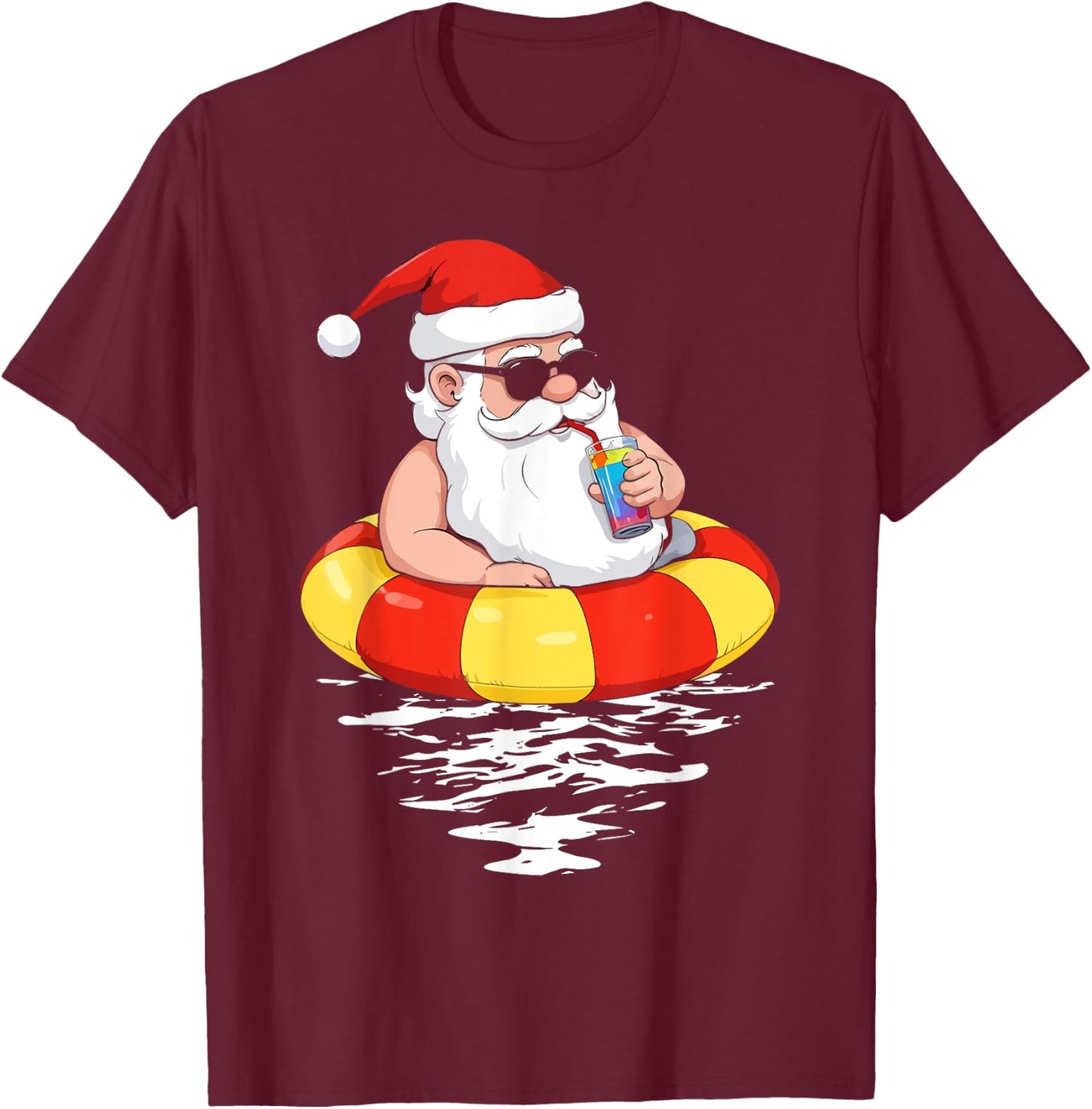 Summer Christmas in July Tropical Santa On Pool Summer Santa T-Shirt - T-Shirt | Maroon